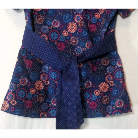Koi Kathy Peterson Scrub XS Blue Fushia Flowers Polka Dot Waist tie V Neck SV - Picture 9 of 10